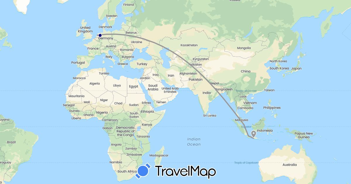 TravelMap itinerary: driving, plane in Indonesia, Netherlands, Singapore (Asia, Europe)